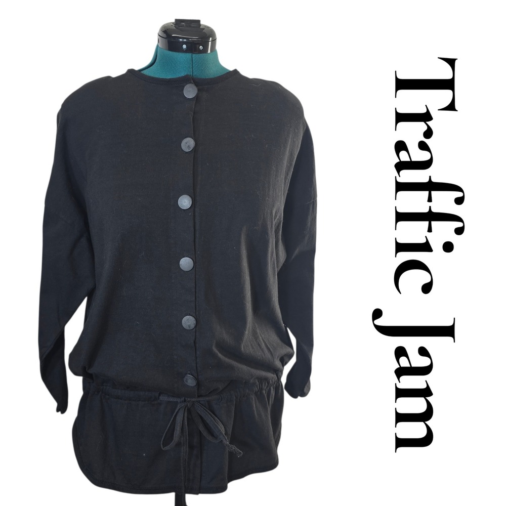 Traffic Jam Black‎ Button Front Cinched Waist Long Sleeve Tunic Top Shirt L